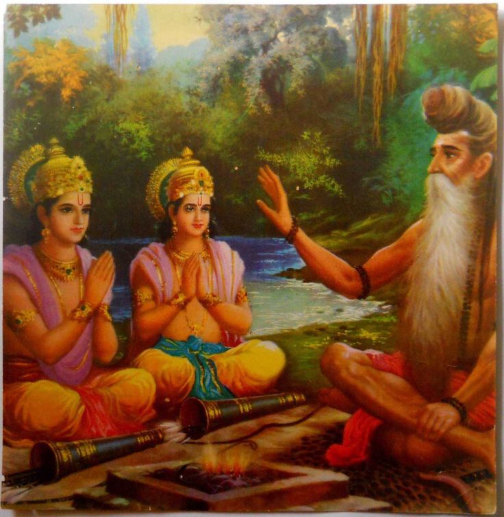 Lord Rama and Laxmana seeking education from guru Vishwamitra. 